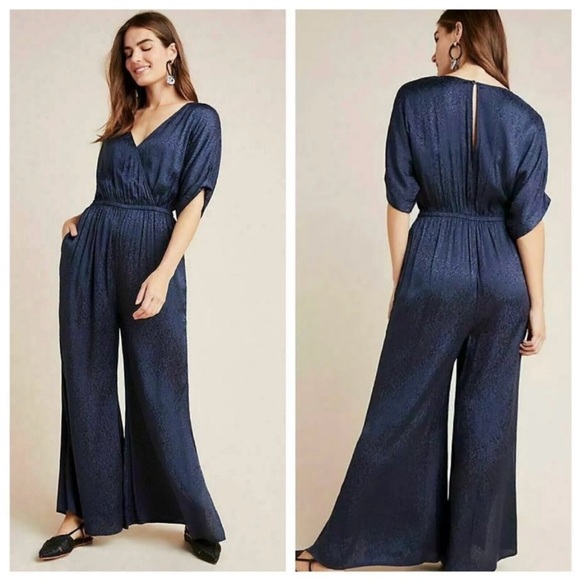 Anthropologie MAEVE Jacqueline Jacquard Jumpsuit in Navy - size small petite - Picture 1 of 16